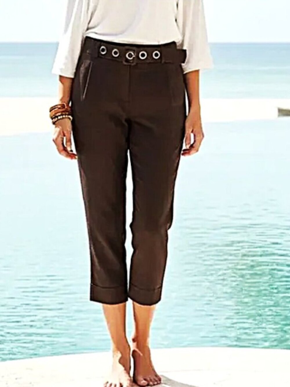 Chico's Brown Cuff Hem Linen Blend Buckle Pants size 0 NWT
